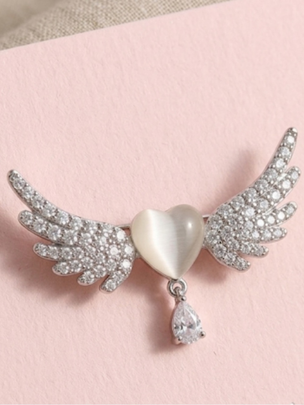 NWT Dainty Rhinestone Wing Brooch Pin Angelcore Crystal Heart Drop Dangle - Picture 6 of 7